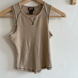 Y2K Dex Ribbed Cami – Beige, Cropped, Grunge Stitching, Size S